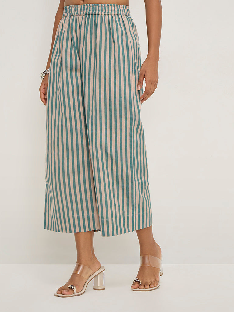 Utsa Teal Striped High-Rise Cotton Blend Ethnic Pants