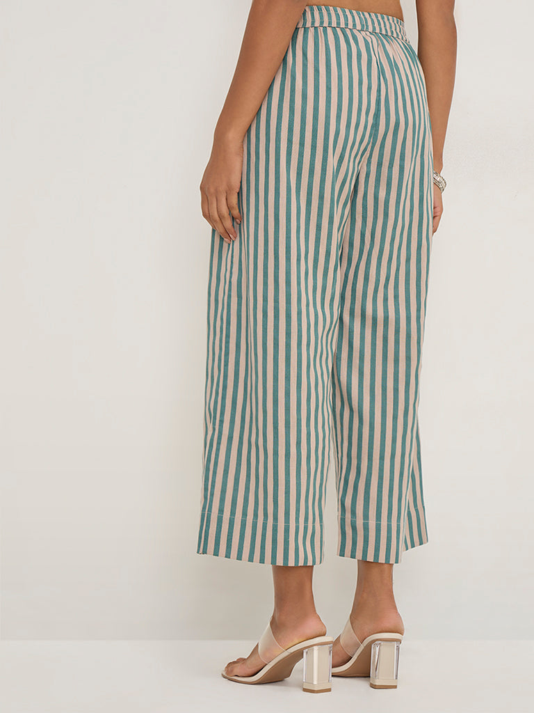 Utsa Teal Striped High-Rise Cotton Blend Ethnic Pants