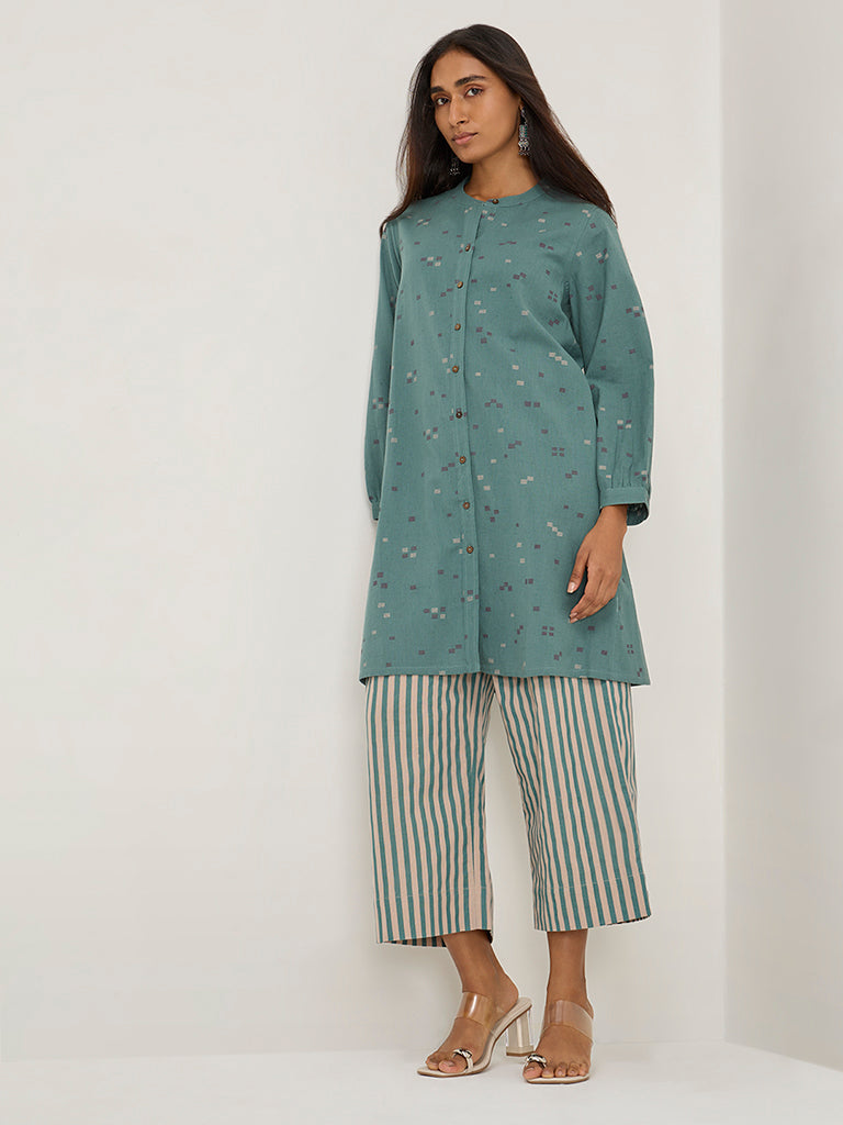 Utsa Teal Striped High-Rise Cotton Blend Ethnic Pants