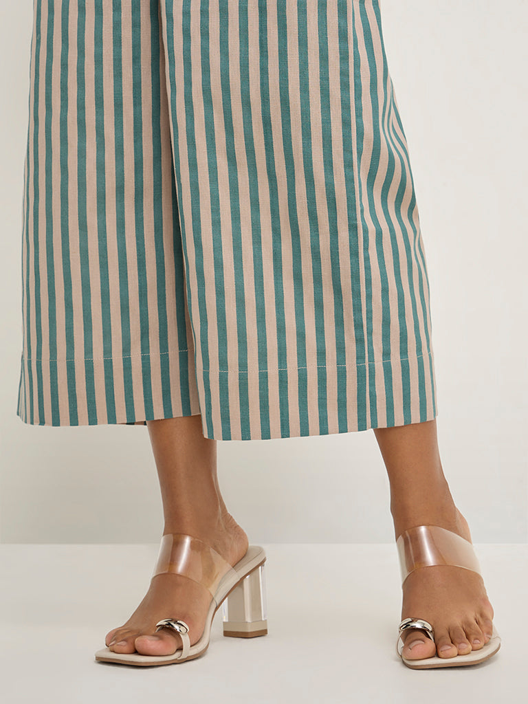 Utsa Teal Striped High-Rise Cotton Blend Ethnic Pants