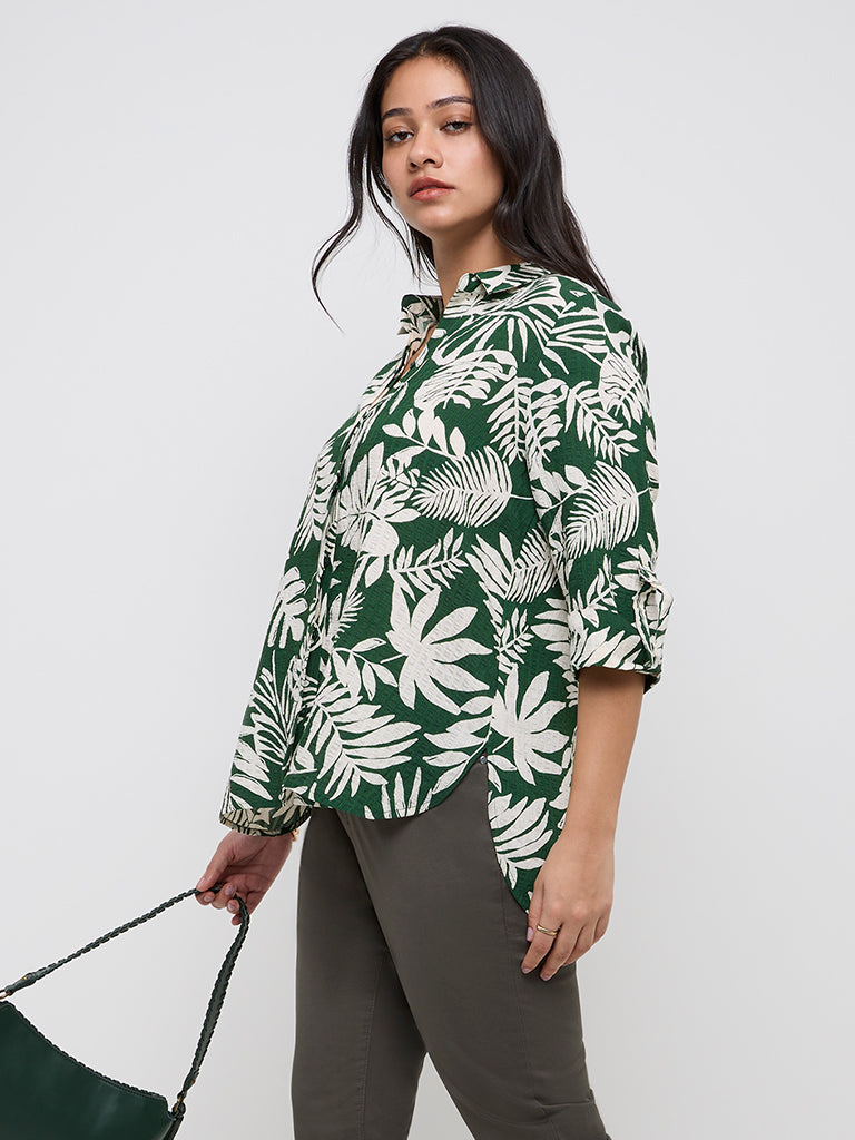 Gia Green Botanical Printed High-Low Shirt