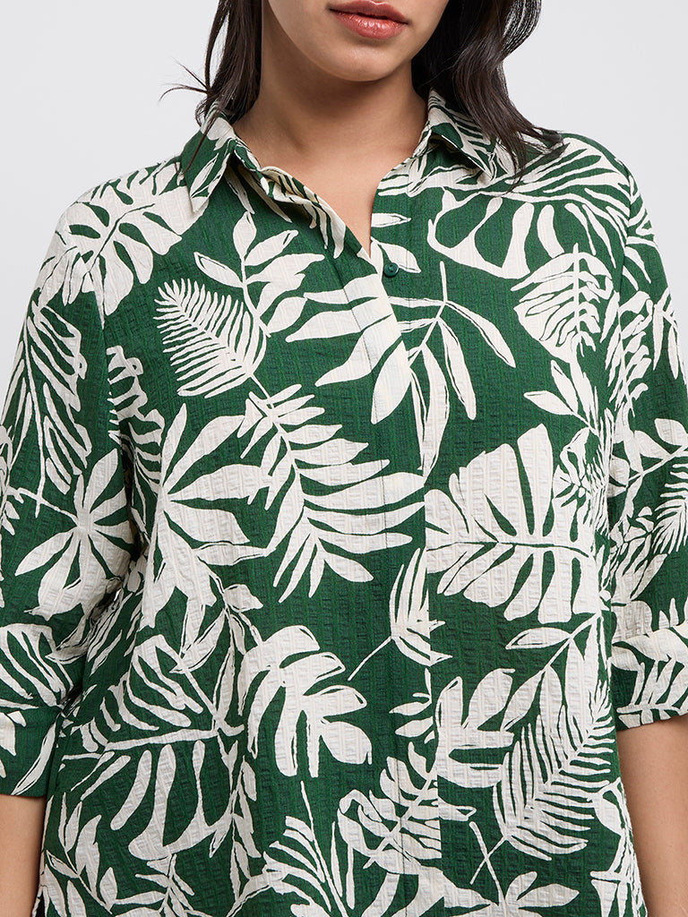 Gia Green Botanical Printed High-Low Shirt