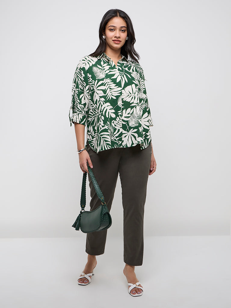 Gia Green Botanical Printed High-Low Shirt