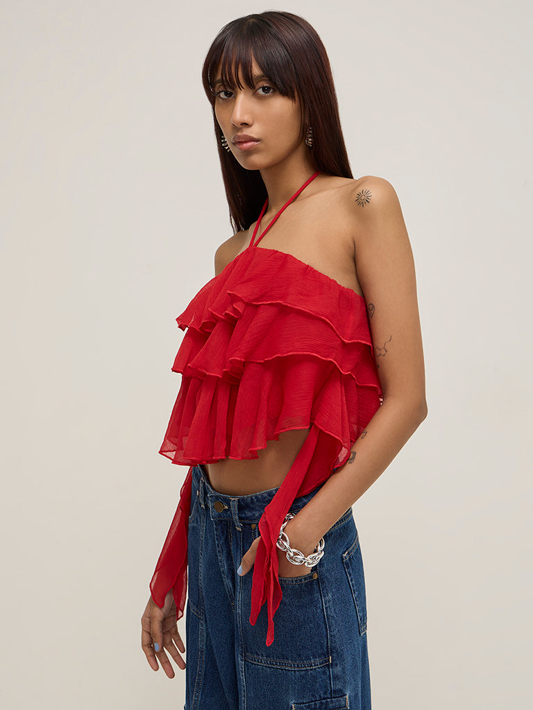 Nuon Red Ruffled Halter Neck Top