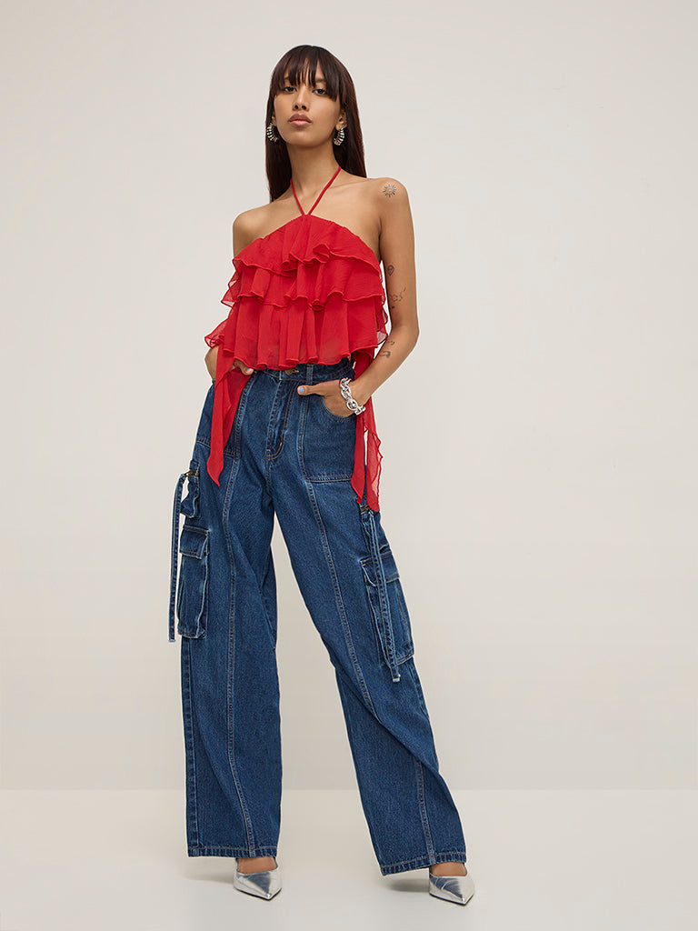 Nuon Red Ruffled Halter Neck Top