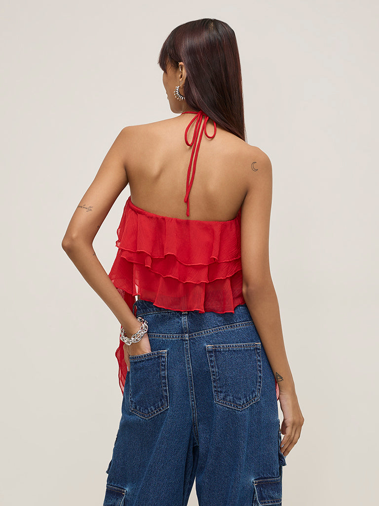 Nuon Red Ruffled Halter Neck Top