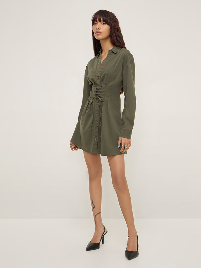 Nuon Olive Corset-Style Cotton Blend Shirt Dress