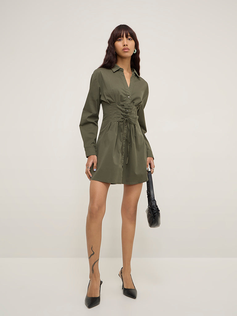 Nuon Olive Corset-Style Cotton Blend Shirt Dress