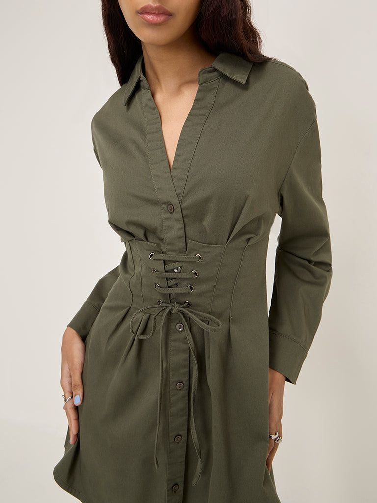 Nuon Olive Corset-Style Cotton Blend Shirt Dress