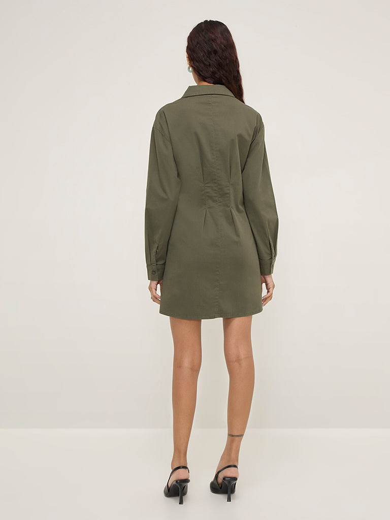 Nuon Olive Corset-Style Cotton Blend Shirt Dress