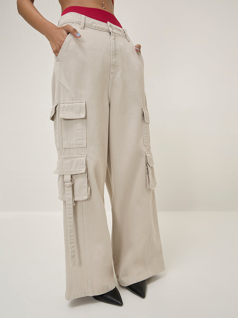 Nuon Grey Wide Leg - Fit High - Rise Cargo-Style Jeans