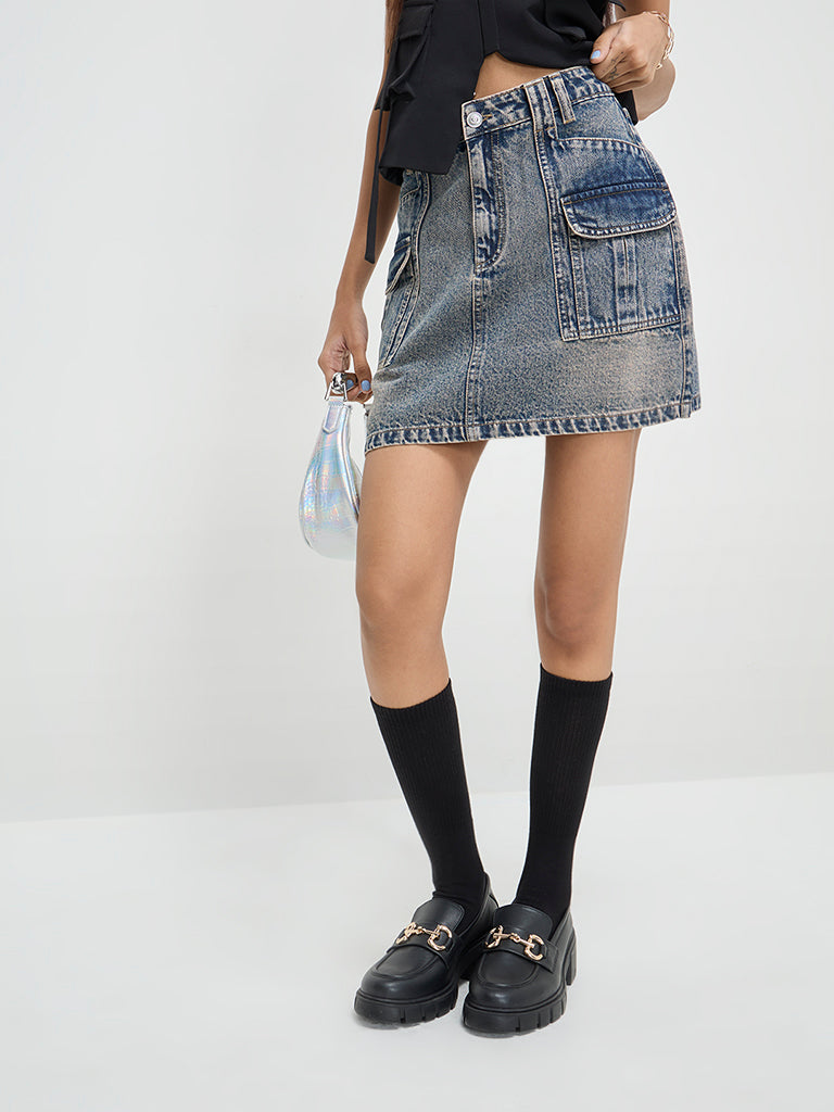 Nuon Blue Washed Denim High-Rise Skirt