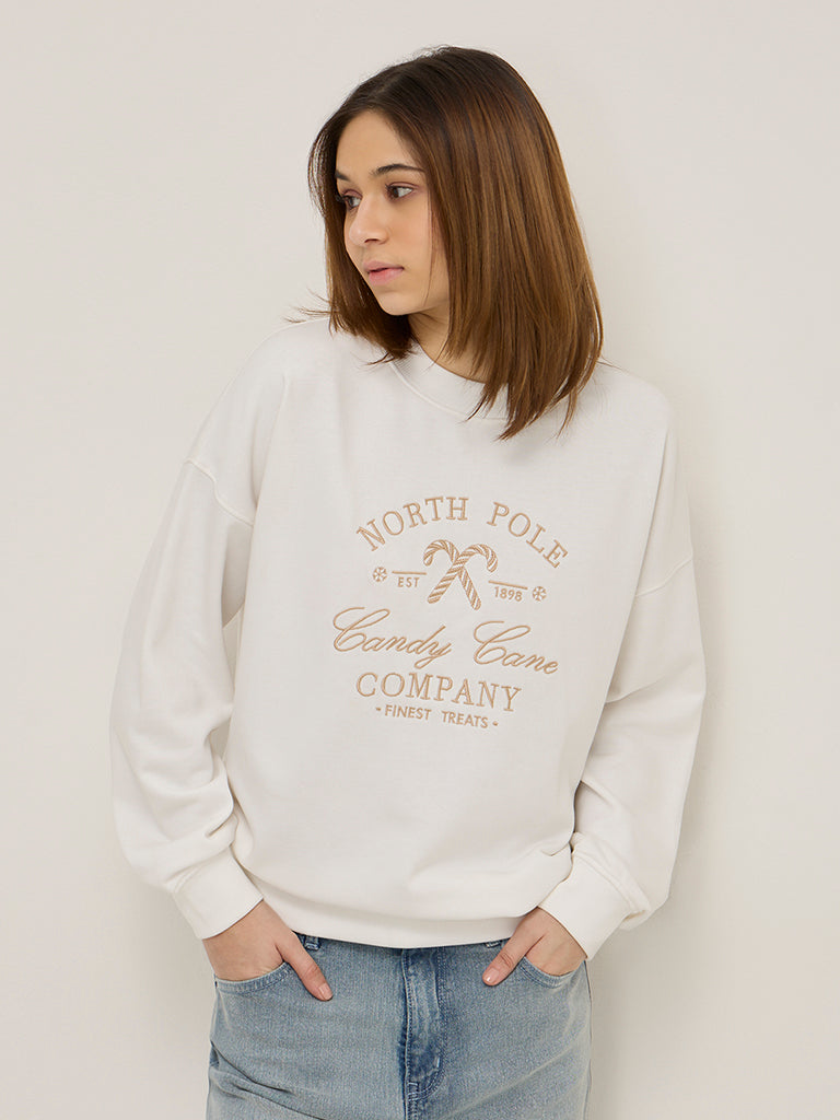 Nuon Off-White Text Design Cotton Blend Sweatshirt