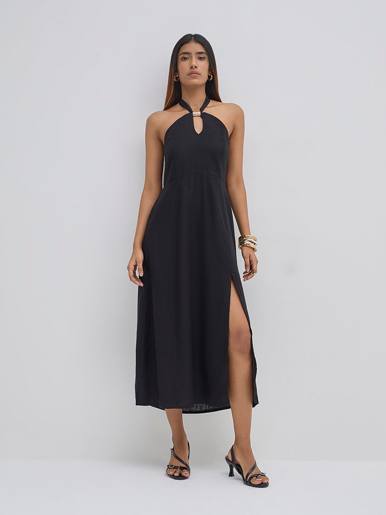 LOV Black Halter-Neck A-Line Dress