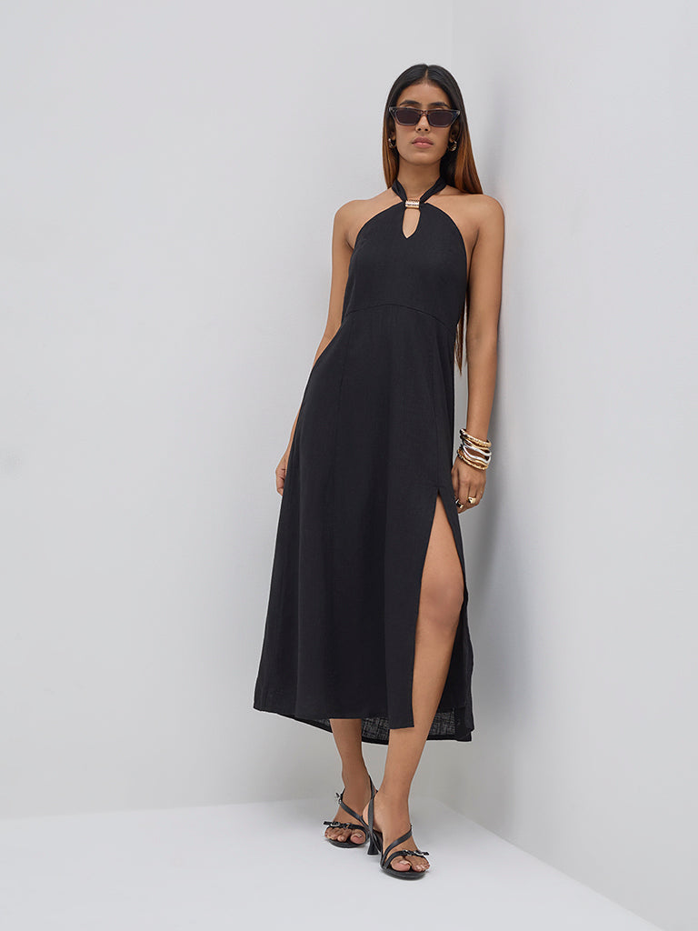 LOV Black Halter-Neck A-Line Dress