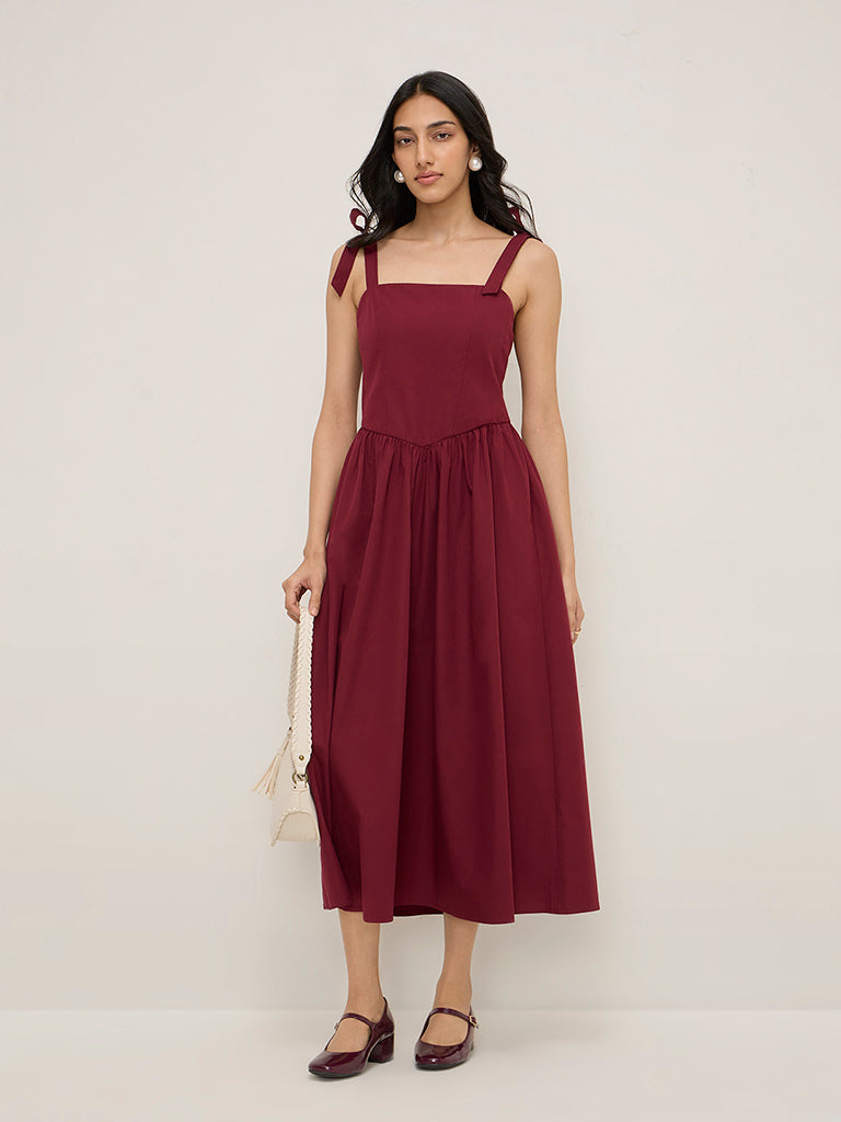 LOV Burgundy Tie-Up Detailed A-Line Cotton Dress