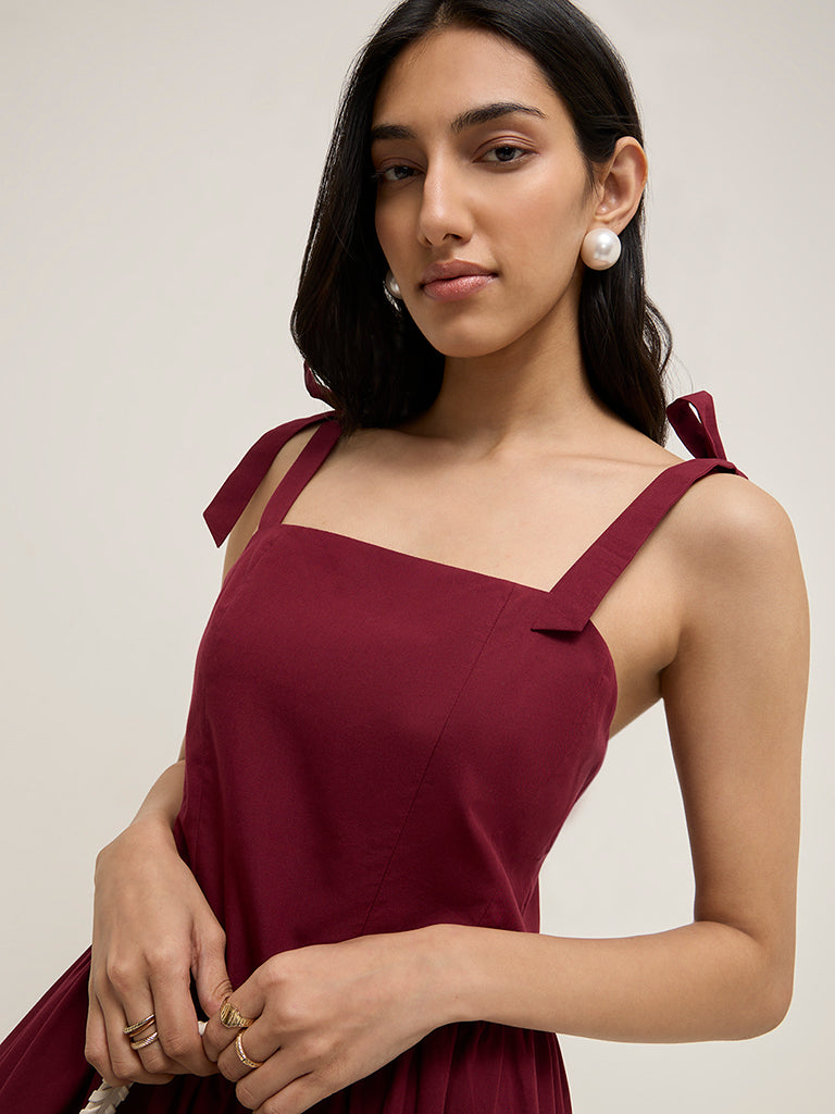 LOV Burgundy Tie-Up Detailed A-Line Cotton Dress