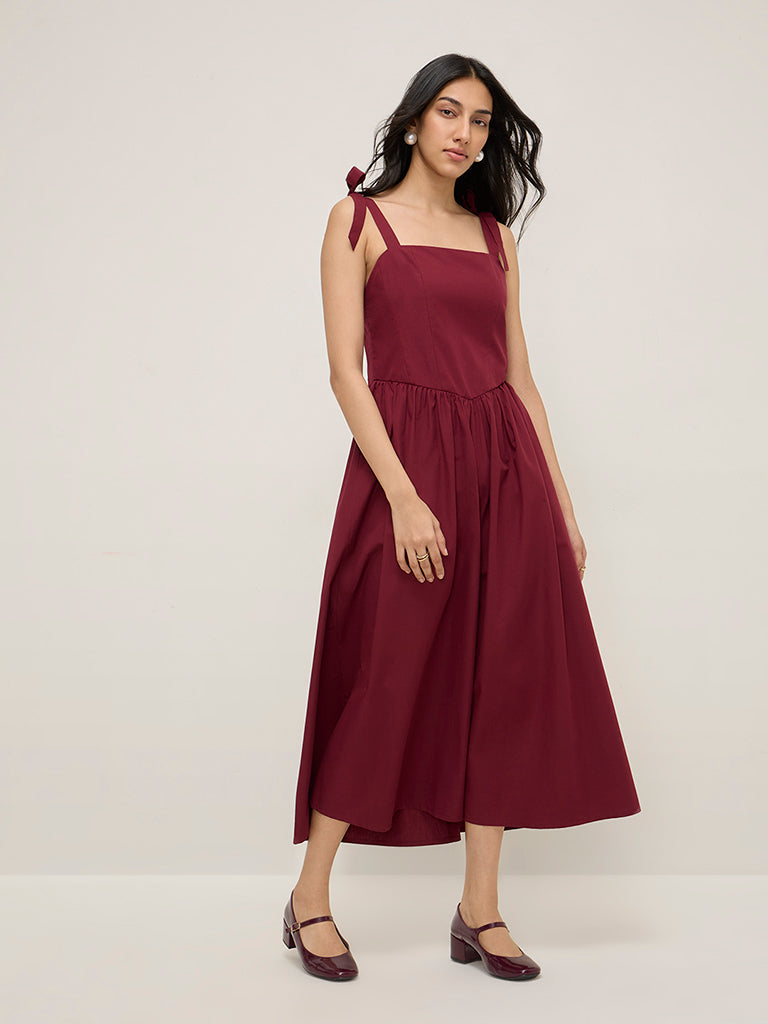 LOV Burgundy Tie-Up Detailed A-Line Cotton Dress