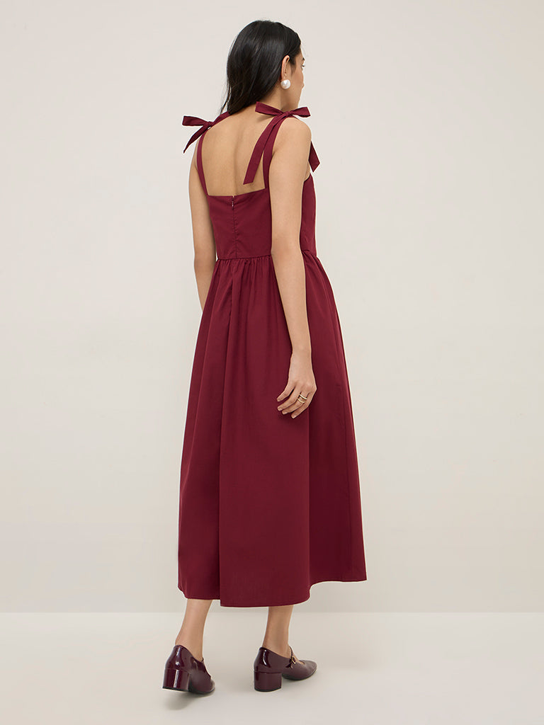 LOV Burgundy Tie-Up Detailed A-Line Cotton Dress