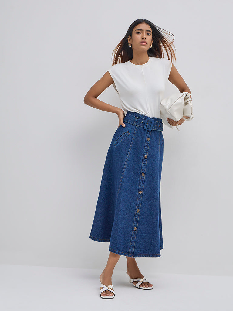 LOV Dark Blue High-Rise Denim Skirt with Belt