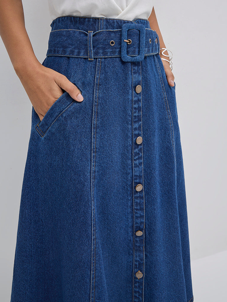 LOV Dark Blue High-Rise Denim Skirt with Belt