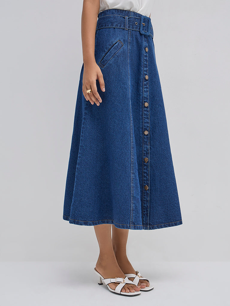 LOV Dark Blue High-Rise Denim Skirt with Belt