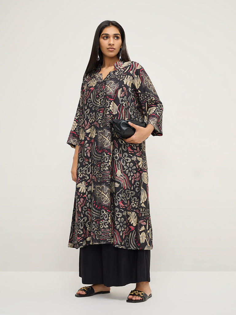 Diza Black Floral Printed A-Line Kurta