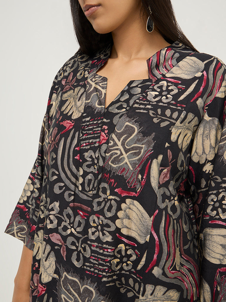 Diza Black Floral Printed A-Line Kurta