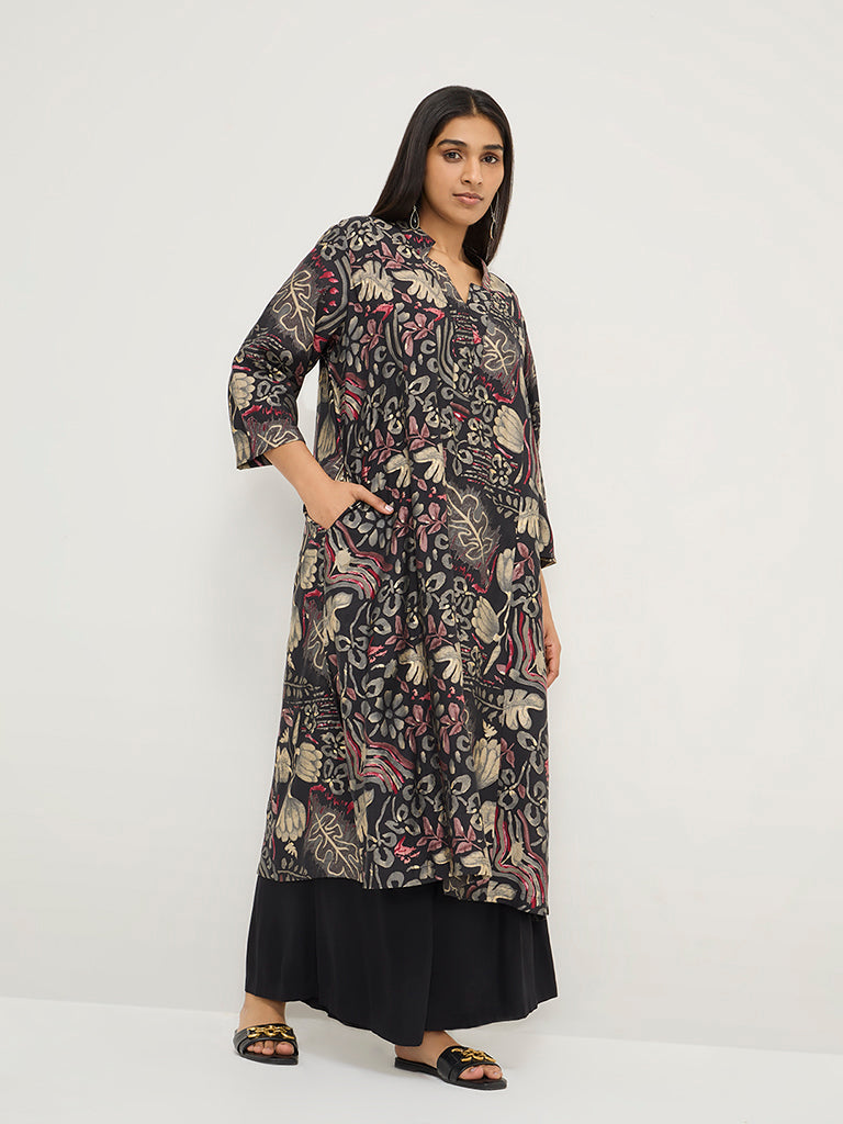 Diza Black Floral Printed A-Line Kurta