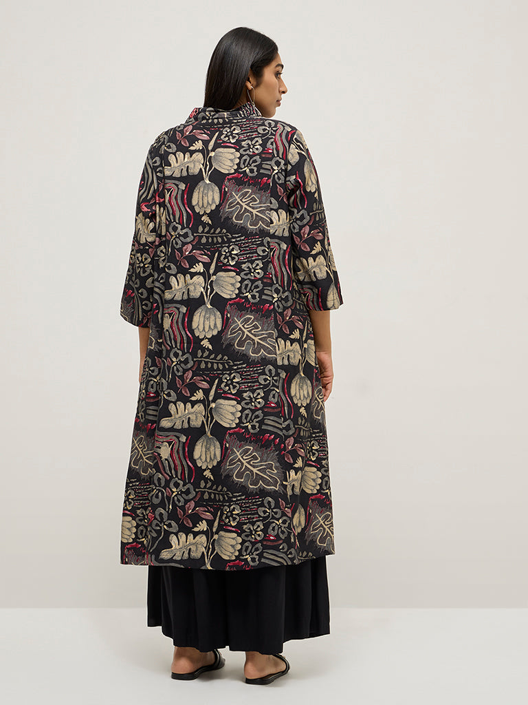 Diza Black Floral Printed A-Line Kurta