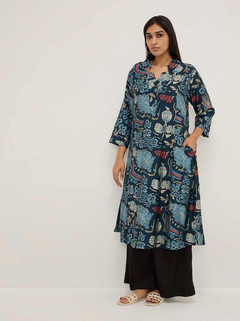 Diza Indigo Botanical Design A-Line Kurta