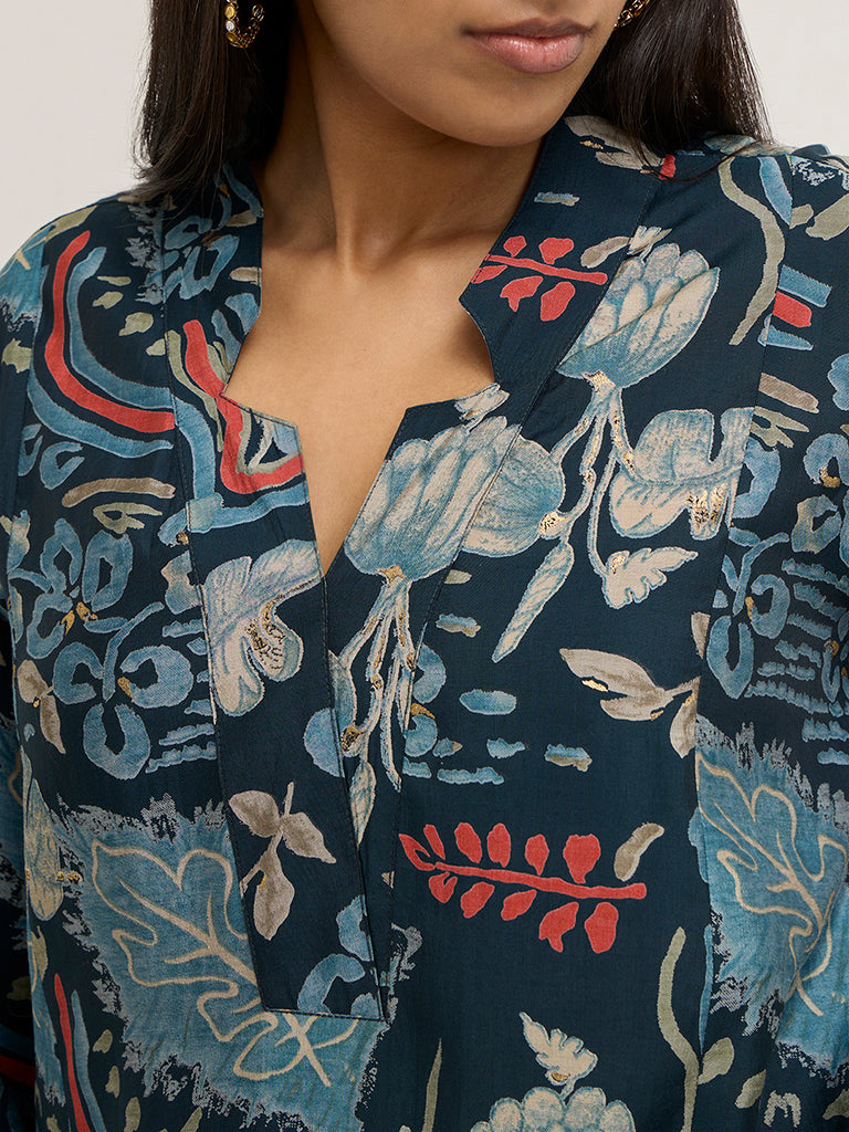 Diza Indigo Botanical Design A-Line Kurta