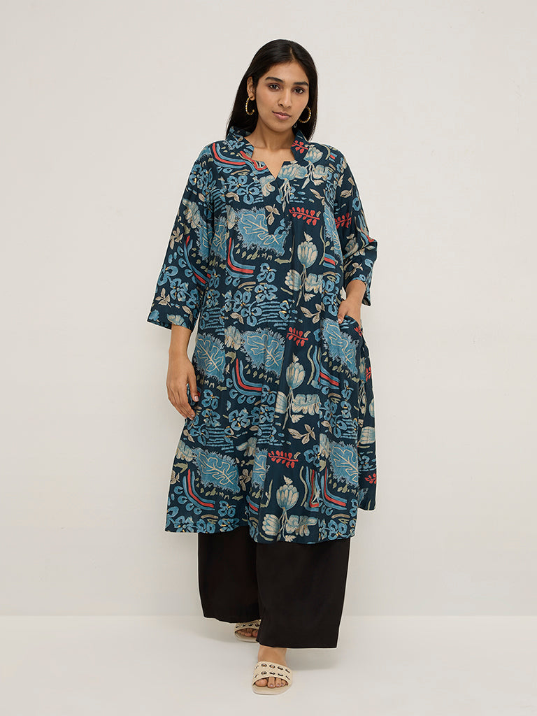 Diza Indigo Botanical Design A-Line Kurta