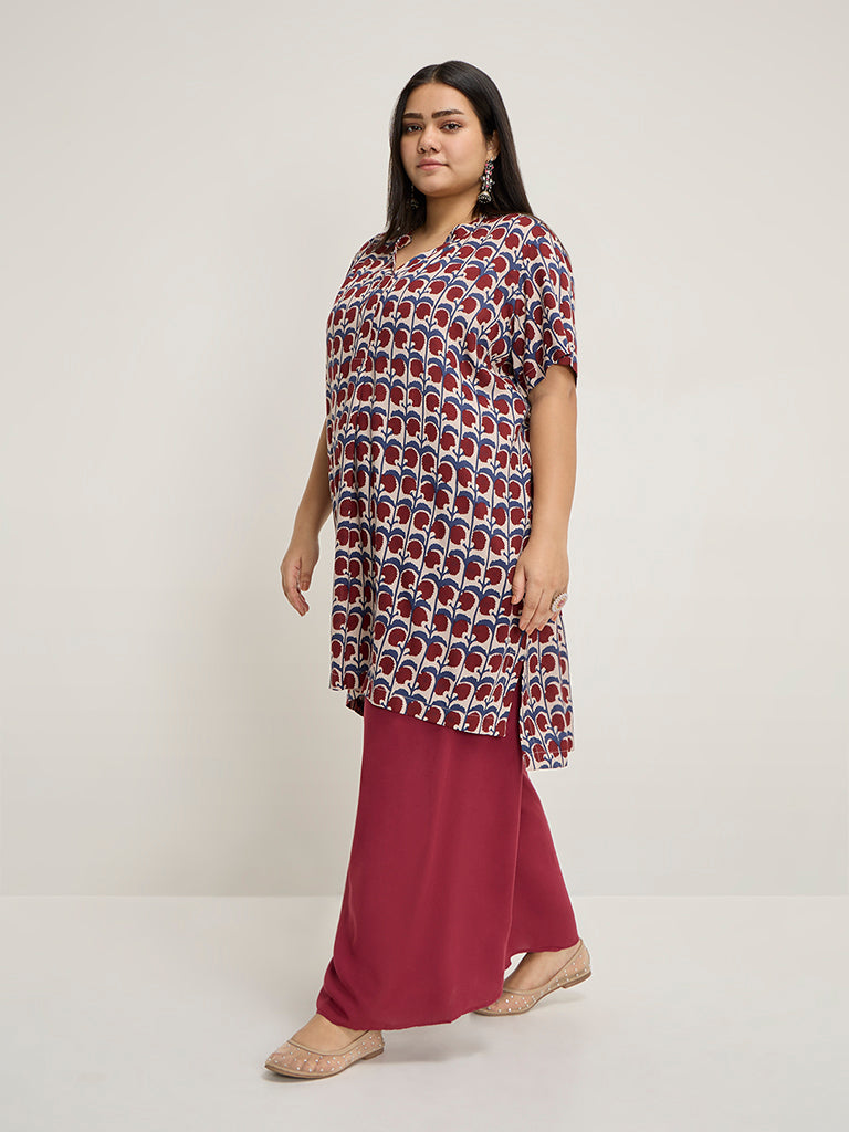 Diza Maroon Floral Printed High-Low Kurta