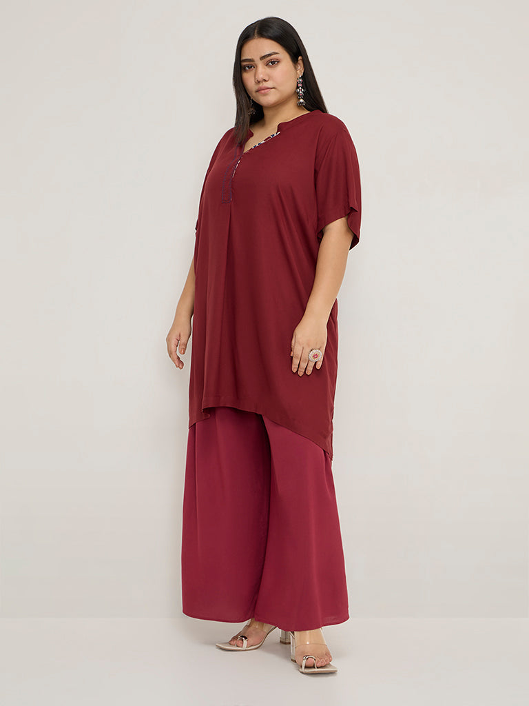 Diza Burgundy Solid High-Low Kurta