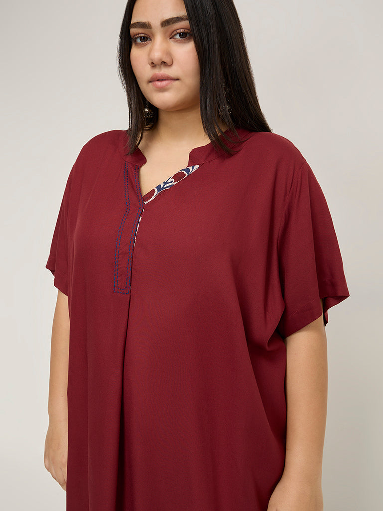 Diza Burgundy Solid High-Low Kurta