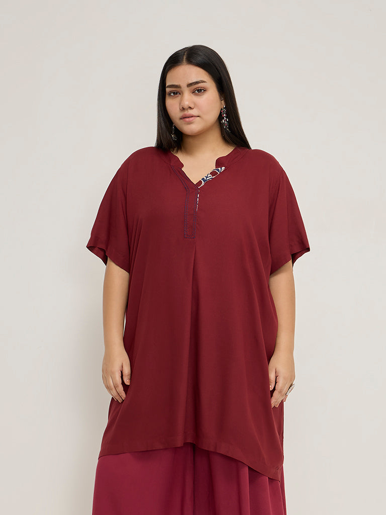 Diza Burgundy Solid High-Low Kurta