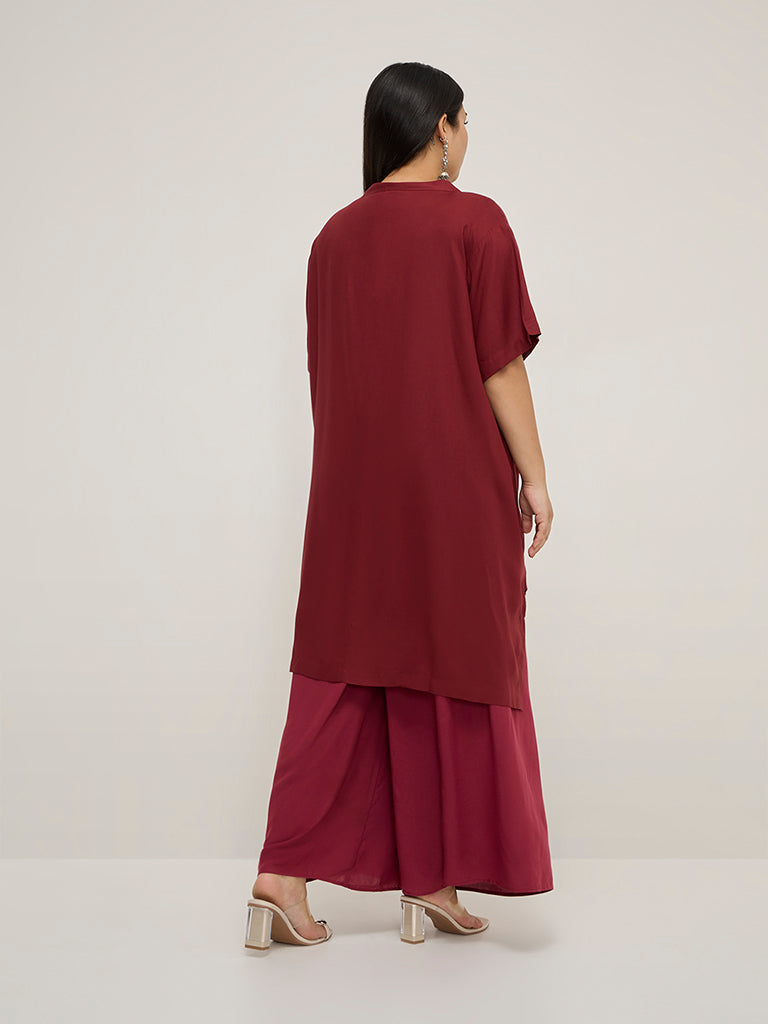 Diza Burgundy Solid High-Low Kurta