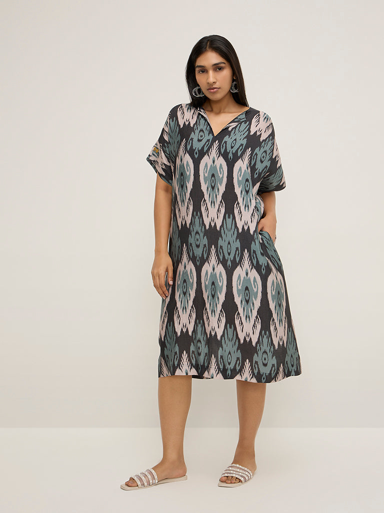 Diza Black Ikat Printed A-Line Dress