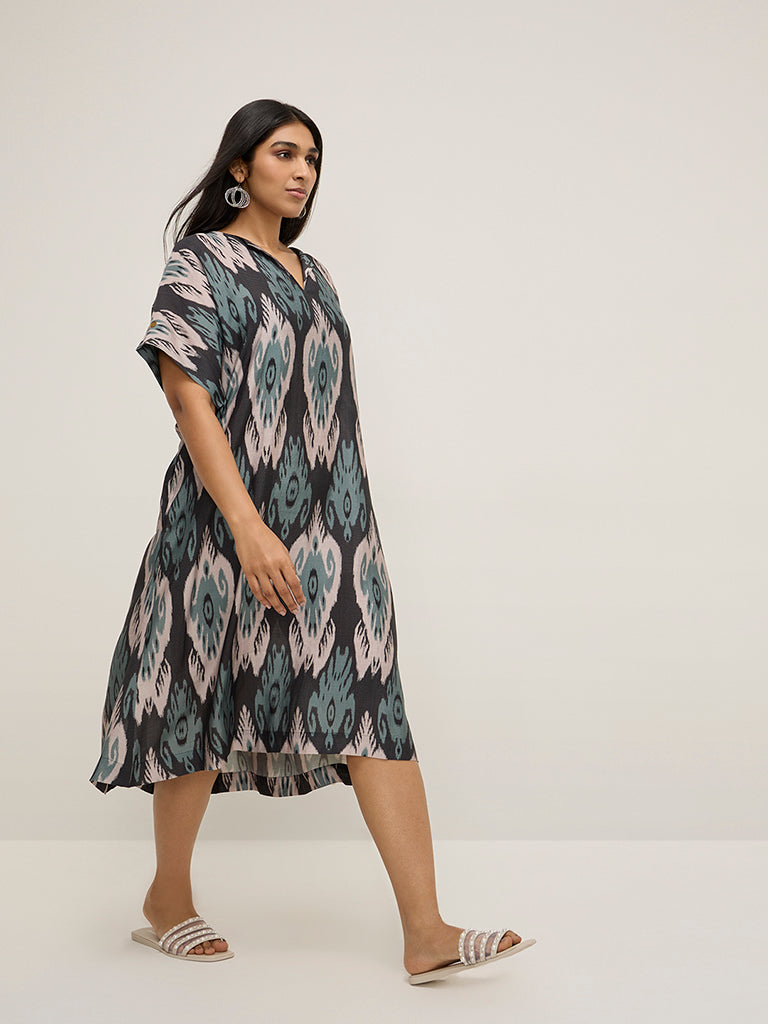 Diza Black Ikat Printed A-Line Dress