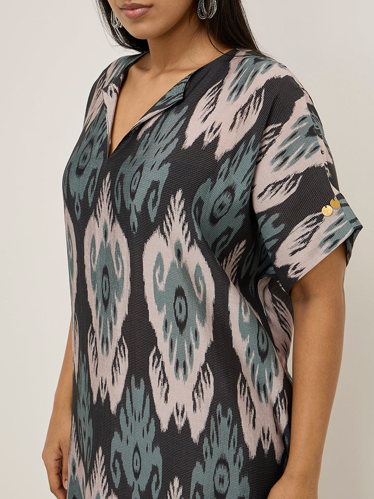 Diza Black Ikat Printed A-Line Dress