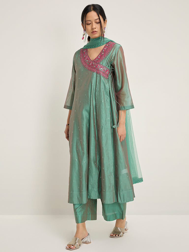 Vark Green Angrakha Kurta, Inner, Palazzos & Dupatta Set