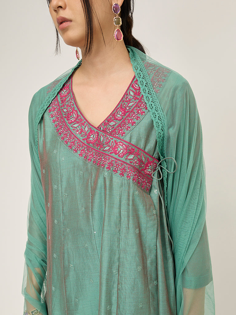 Vark Green Angrakha Kurta, Inner, Palazzos & Dupatta Set