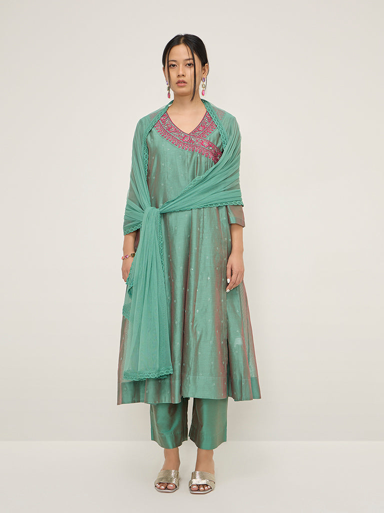 Vark Green Angrakha Kurta, Inner, Palazzos & Dupatta Set