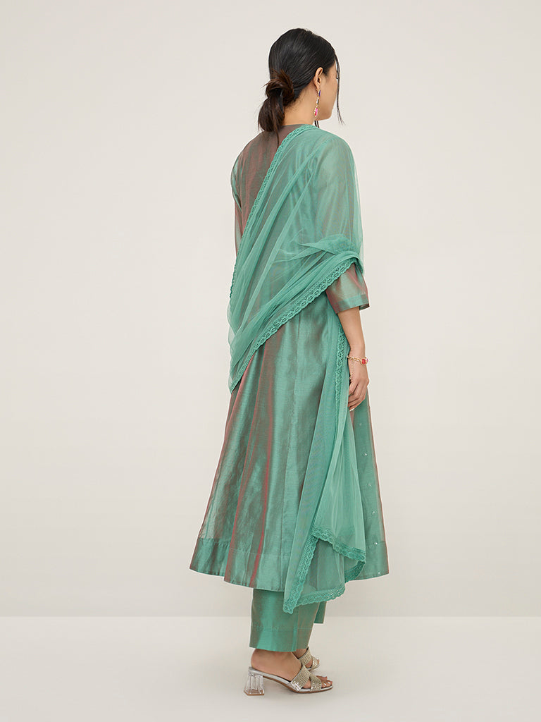 Vark Green Angrakha Kurta, Inner, Palazzos & Dupatta Set