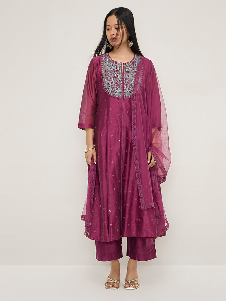 Vark Dark Pink Floral A-Line Kurta, Palazzos & Dupatta Set