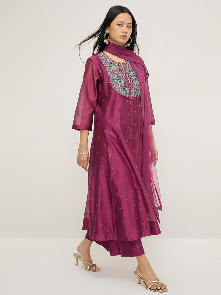 Vark Dark Pink Floral A-Line Kurta, Palazzos & Dupatta Set