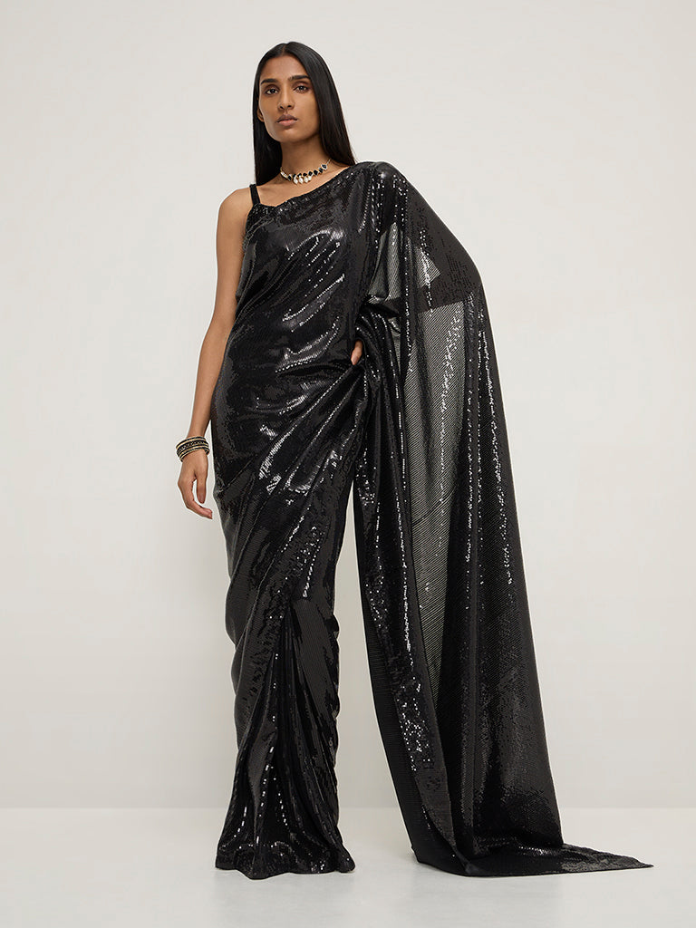 Vark Black Sequin-Detailed Saree