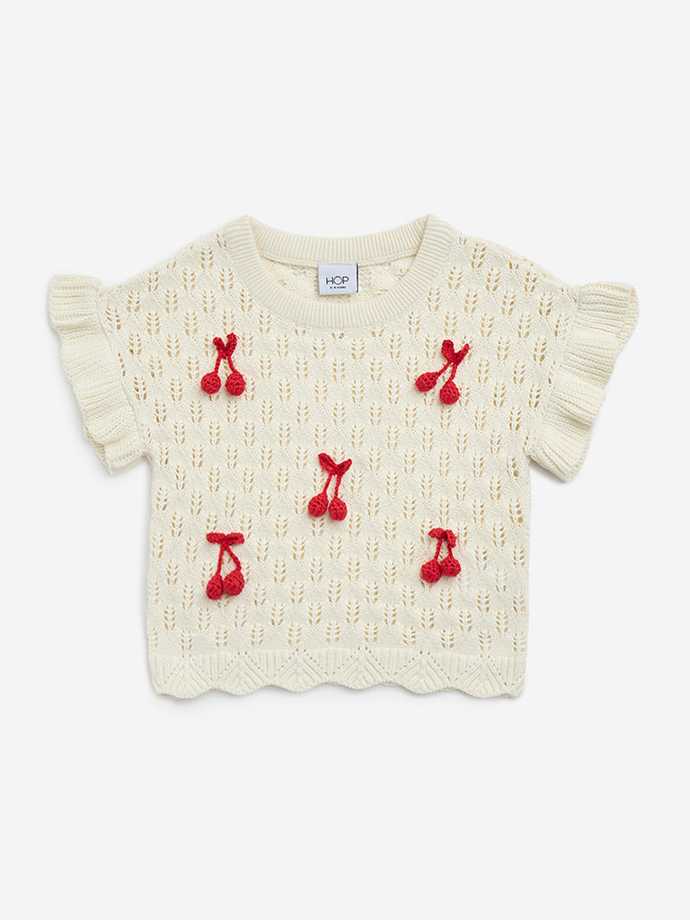 HOP Kids Off-White Cherry Knit Cotton Top