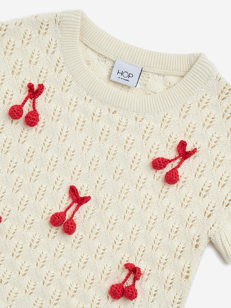 HOP Kids Off-White Cherry Knit Cotton Top